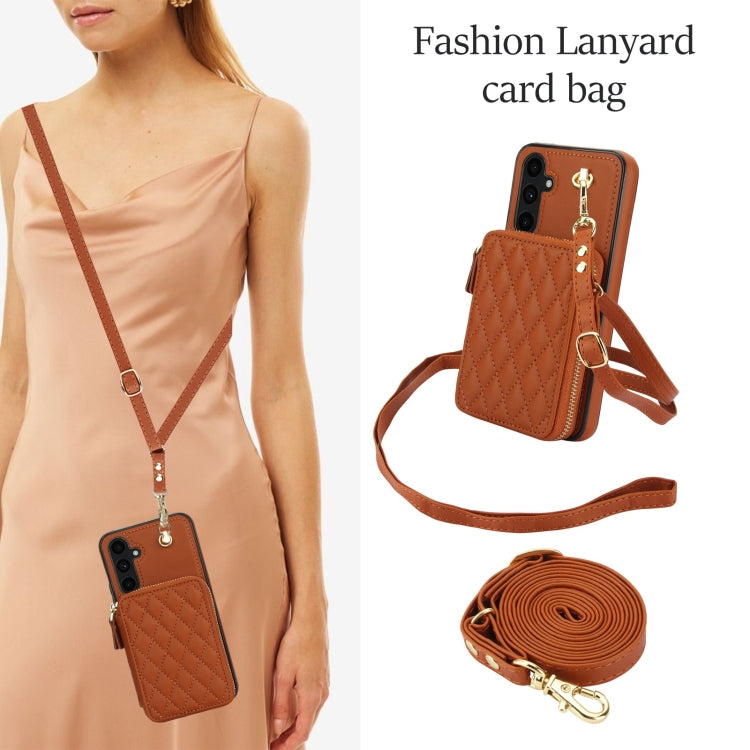 For Samsung Galaxy A54 4G / 5G AwQuer Crossbody Zipper Wallet Rhombic Leather Back Phone Case(Brown) - Galaxy Phone Cases by Awquer | Online Shopping UK | buy2fix