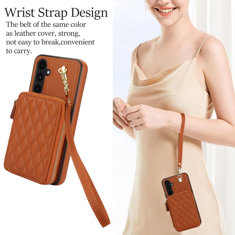 For Samsung Galaxy A54 4G / 5G AwQuer Crossbody Zipper Wallet Rhombic Leather Back Phone Case(Brown) - Galaxy Phone Cases by Awquer | Online Shopping UK | buy2fix