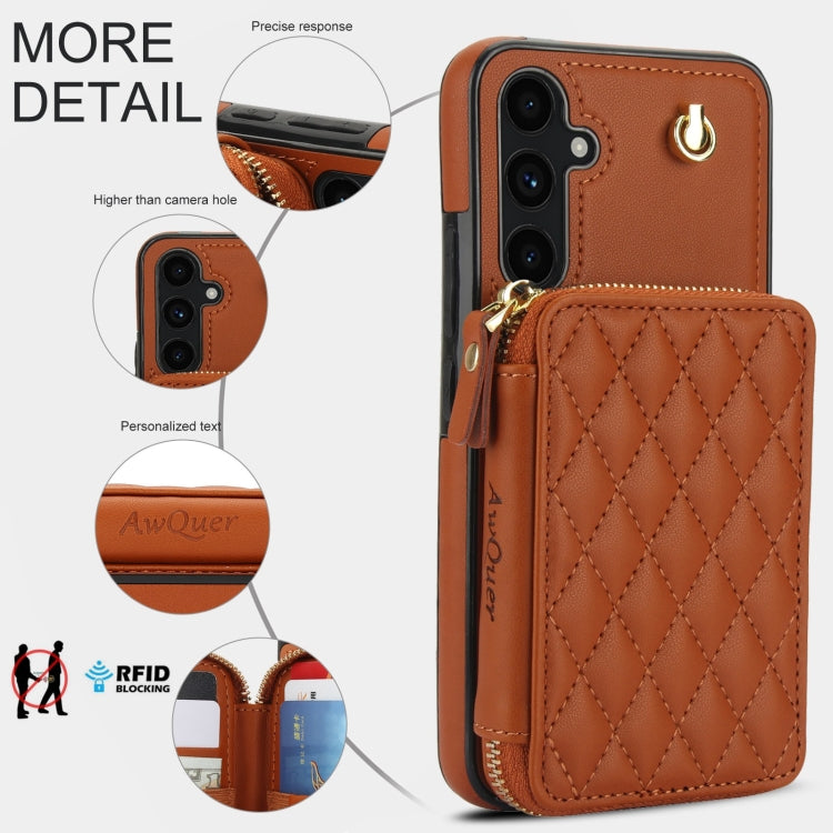 For Samsung Galaxy A54 4G / 5G AwQuer Crossbody Zipper Wallet Rhombic Leather Back Phone Case(Brown) - Galaxy Phone Cases by Awquer | Online Shopping UK | buy2fix