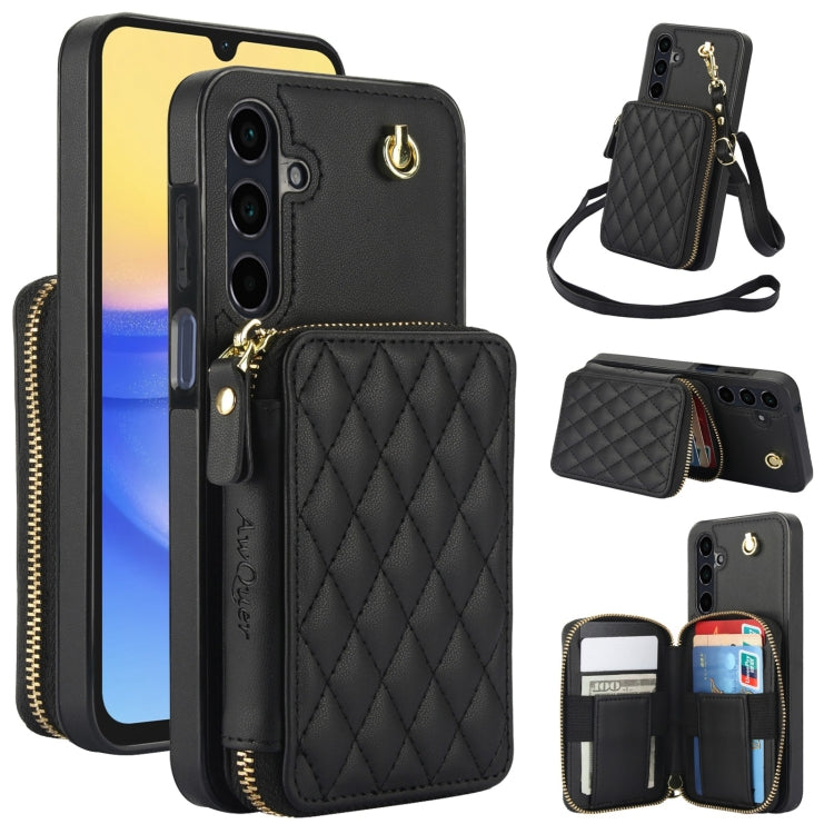 For Samsung Galaxy A15 4G / 5G AwQuer Crossbody Zipper Wallet Rhombic Leather Back Phone Case(Black) - Galaxy Phone Cases by Awquer | Online Shopping UK | buy2fix