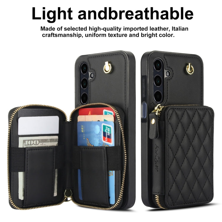For Samsung Galaxy A15 4G / 5G AwQuer Crossbody Zipper Wallet Rhombic Leather Back Phone Case(Black) - Galaxy Phone Cases by Awquer | Online Shopping UK | buy2fix