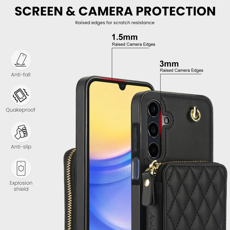 For Samsung Galaxy A15 4G / 5G AwQuer Crossbody Zipper Wallet Rhombic Leather Back Phone Case(Black) - Galaxy Phone Cases by Awquer | Online Shopping UK | buy2fix