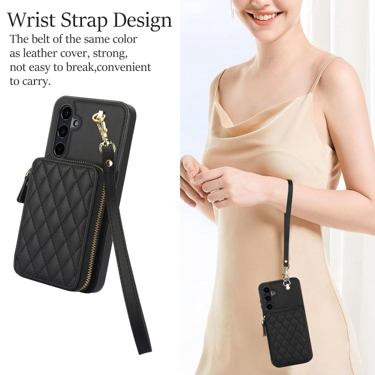 For Samsung Galaxy A15 4G / 5G AwQuer Crossbody Zipper Wallet Rhombic Leather Back Phone Case(Black) - Galaxy Phone Cases by Awquer | Online Shopping UK | buy2fix