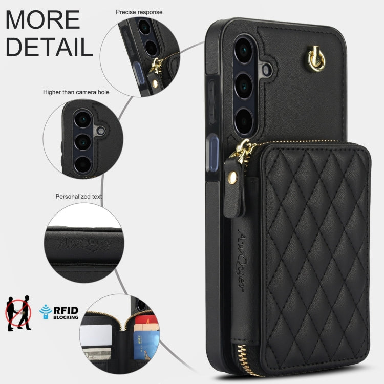 For Samsung Galaxy A15 4G / 5G AwQuer Crossbody Zipper Wallet Rhombic Leather Back Phone Case(Black) - Galaxy Phone Cases by Awquer | Online Shopping UK | buy2fix