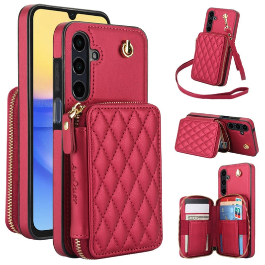 For Samsung Galaxy A15 4G / 5G AwQuer Crossbody Zipper Wallet Rhombic Leather Back Phone Case(Red) - Galaxy Phone Cases by Awquer | Online Shopping UK | buy2fix