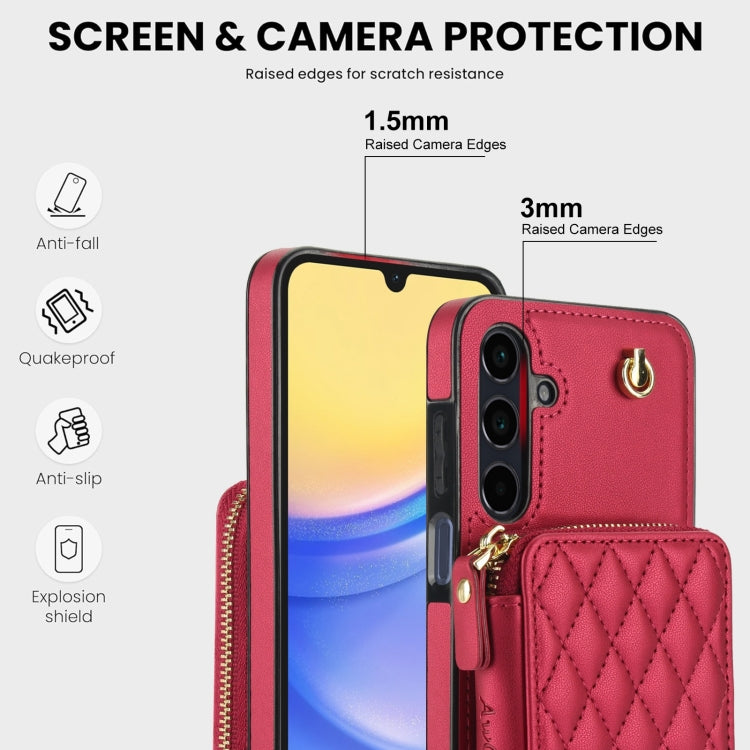 For Samsung Galaxy A15 4G / 5G AwQuer Crossbody Zipper Wallet Rhombic Leather Back Phone Case(Red) - Galaxy Phone Cases by Awquer | Online Shopping UK | buy2fix