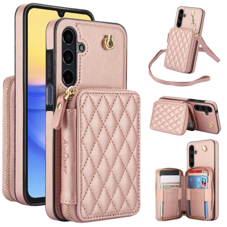 For Samsung Galaxy A15 4G / 5G AwQuer Crossbody Zipper Wallet Rhombic Leather Back Phone Case(Rose Gold) - Galaxy Phone Cases by Awquer | Online Shopping UK | buy2fix