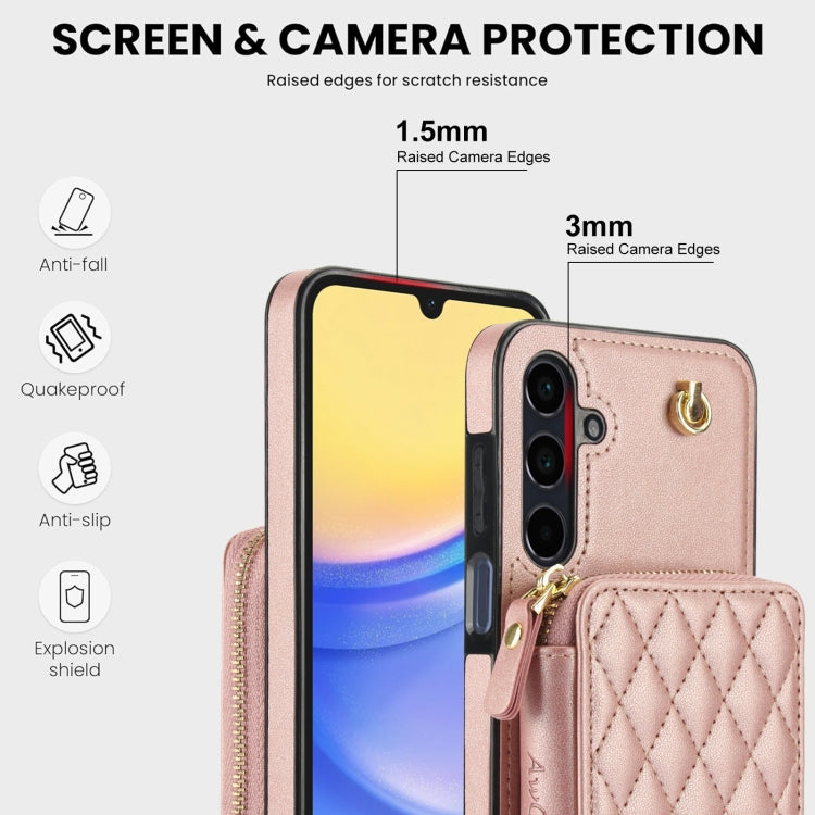 For Samsung Galaxy A15 4G / 5G AwQuer Crossbody Zipper Wallet Rhombic Leather Back Phone Case(Rose Gold) - Galaxy Phone Cases by Awquer | Online Shopping UK | buy2fix