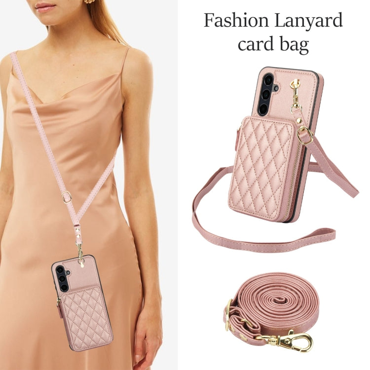 For Samsung Galaxy A15 4G / 5G AwQuer Crossbody Zipper Wallet Rhombic Leather Back Phone Case(Rose Gold) - Galaxy Phone Cases by Awquer | Online Shopping UK | buy2fix