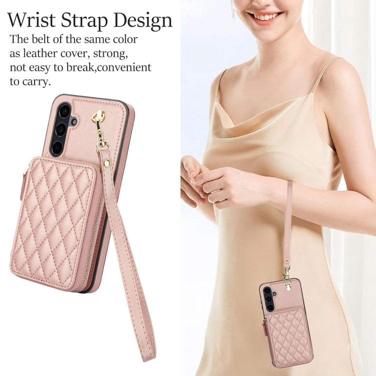 For Samsung Galaxy A15 4G / 5G AwQuer Crossbody Zipper Wallet Rhombic Leather Back Phone Case(Rose Gold) - Galaxy Phone Cases by Awquer | Online Shopping UK | buy2fix