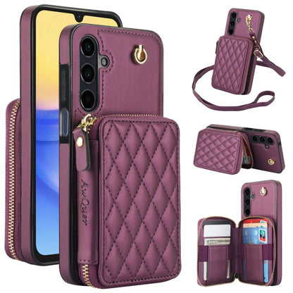 For Samsung Galaxy A15 4G / 5G AwQuer Crossbody Zipper Wallet Rhombic Leather Back Phone Case(Dark Purple) - Galaxy Phone Cases by Awquer | Online Shopping UK | buy2fix