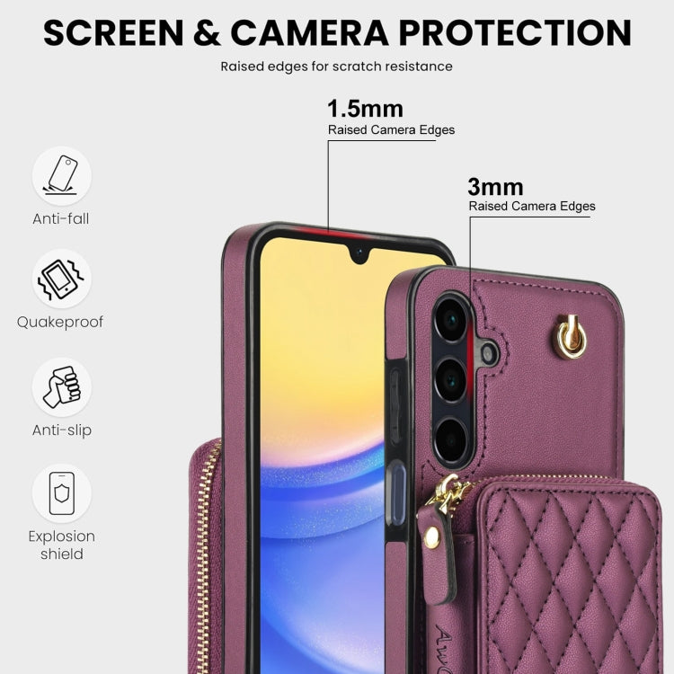 For Samsung Galaxy A15 4G / 5G AwQuer Crossbody Zipper Wallet Rhombic Leather Back Phone Case(Dark Purple) - Galaxy Phone Cases by Awquer | Online Shopping UK | buy2fix