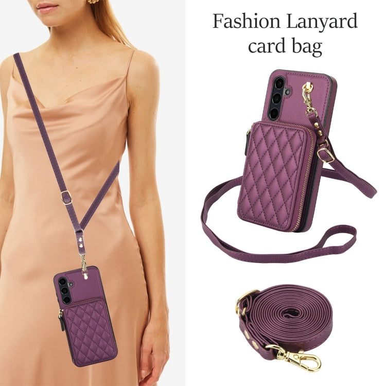 For Samsung Galaxy A15 4G / 5G AwQuer Crossbody Zipper Wallet Rhombic Leather Back Phone Case(Dark Purple) - Galaxy Phone Cases by Awquer | Online Shopping UK | buy2fix