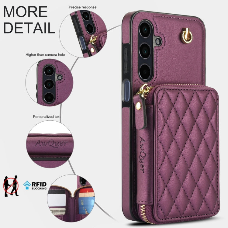 For Samsung Galaxy A15 4G / 5G AwQuer Crossbody Zipper Wallet Rhombic Leather Back Phone Case(Dark Purple) - Galaxy Phone Cases by Awquer | Online Shopping UK | buy2fix