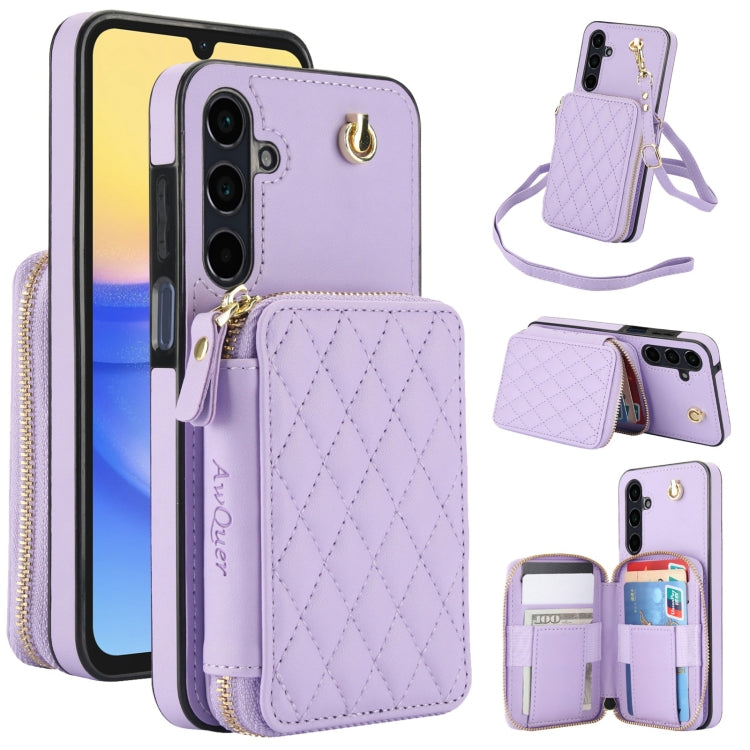 For Samsung Galaxy A15 4G / 5G AwQuer Crossbody Zipper Wallet Rhombic Leather Back Phone Case(Purple) - Galaxy Phone Cases by Awquer | Online Shopping UK | buy2fix