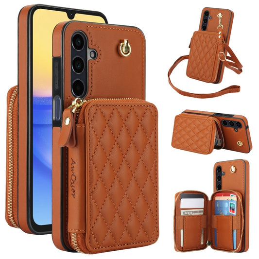 For Samsung Galaxy A15 4G / 5G AwQuer Crossbody Zipper Wallet Rhombic Leather Back Phone Case(Brown) - Galaxy Phone Cases by Awquer | Online Shopping UK | buy2fix