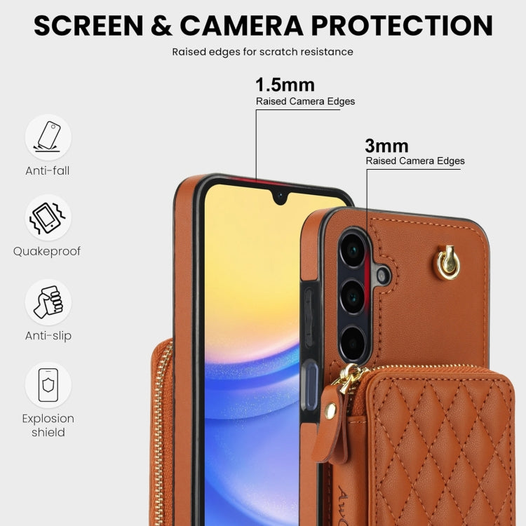 For Samsung Galaxy A15 4G / 5G AwQuer Crossbody Zipper Wallet Rhombic Leather Back Phone Case(Brown) - Galaxy Phone Cases by Awquer | Online Shopping UK | buy2fix