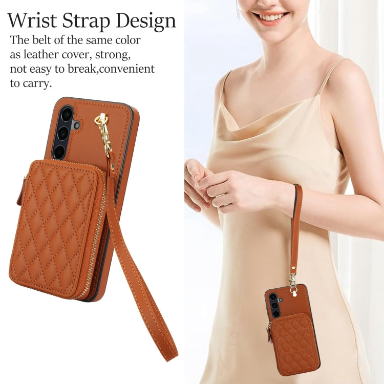 For Samsung Galaxy A15 4G / 5G AwQuer Crossbody Zipper Wallet Rhombic Leather Back Phone Case(Brown) - Galaxy Phone Cases by Awquer | Online Shopping UK | buy2fix