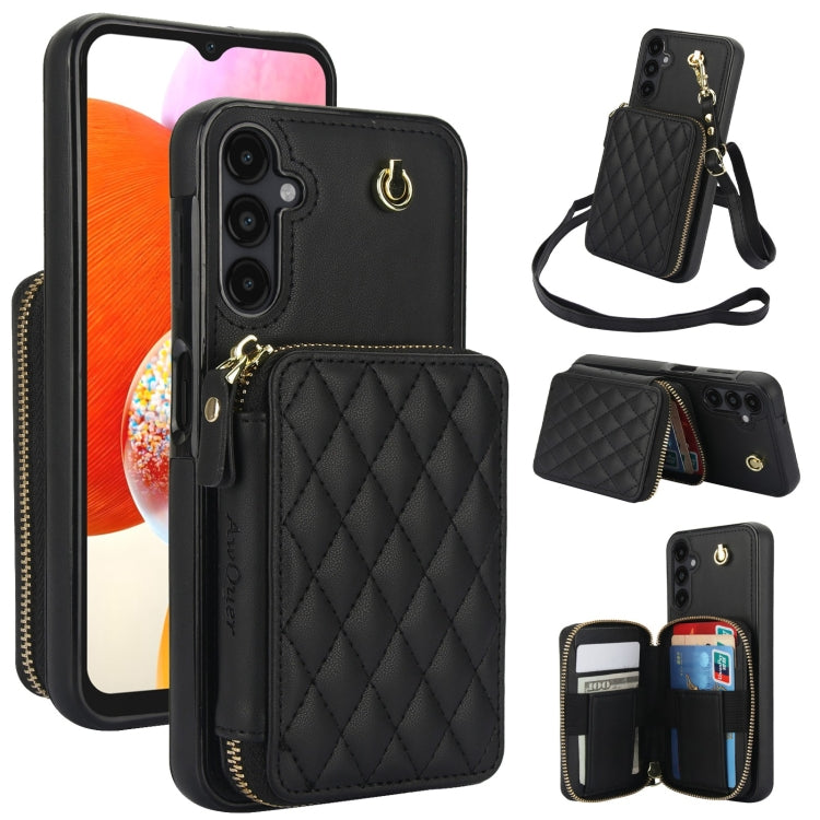 For Samsung Galaxy A14 4G / 5G AwQuer Crossbody Zipper Wallet Rhombic Leather Back Phone Case(Black) - Galaxy Phone Cases by Awquer | Online Shopping UK | buy2fix