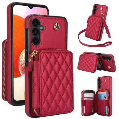 For Samsung Galaxy A14 4G / 5G AwQuer Crossbody Zipper Wallet Rhombic Leather Back Phone Case(Red) - Galaxy Phone Cases by Awquer | Online Shopping UK | buy2fix