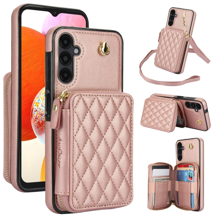 For Samsung Galaxy A14 4G / 5G AwQuer Crossbody Zipper Wallet Rhombic Leather Back Phone Case(Rose Gold) - Galaxy Phone Cases by Awquer | Online Shopping UK | buy2fix