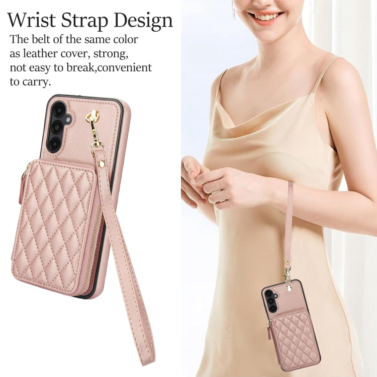 For Samsung Galaxy A14 4G / 5G AwQuer Crossbody Zipper Wallet Rhombic Leather Back Phone Case(Rose Gold) - Galaxy Phone Cases by Awquer | Online Shopping UK | buy2fix
