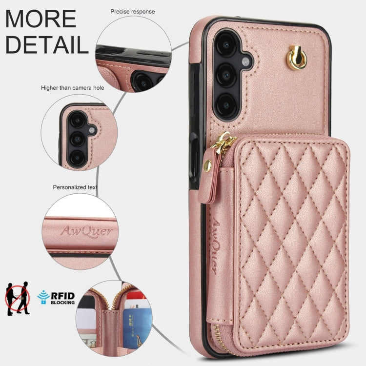 For Samsung Galaxy A14 4G / 5G AwQuer Crossbody Zipper Wallet Rhombic Leather Back Phone Case(Rose Gold) - Galaxy Phone Cases by Awquer | Online Shopping UK | buy2fix