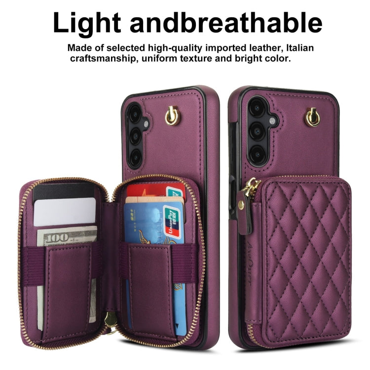 For Samsung Galaxy A14 4G / 5G AwQuer Crossbody Zipper Wallet Rhombic Leather Back Phone Case(Dark Purple) - Galaxy Phone Cases by Awquer | Online Shopping UK | buy2fix