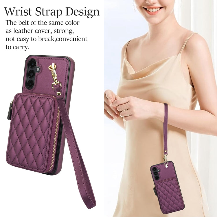 For Samsung Galaxy A14 4G / 5G AwQuer Crossbody Zipper Wallet Rhombic Leather Back Phone Case(Dark Purple) - Galaxy Phone Cases by Awquer | Online Shopping UK | buy2fix