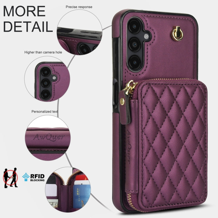 For Samsung Galaxy A14 4G / 5G AwQuer Crossbody Zipper Wallet Rhombic Leather Back Phone Case(Dark Purple) - Galaxy Phone Cases by Awquer | Online Shopping UK | buy2fix