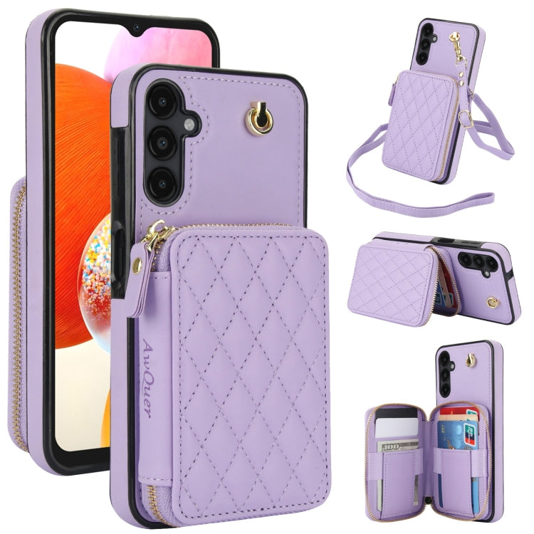 For Samsung Galaxy A14 4G / 5G AwQuer Crossbody Zipper Wallet Rhombic Leather Back Phone Case(Purple) - Galaxy Phone Cases by Awquer | Online Shopping UK | buy2fix