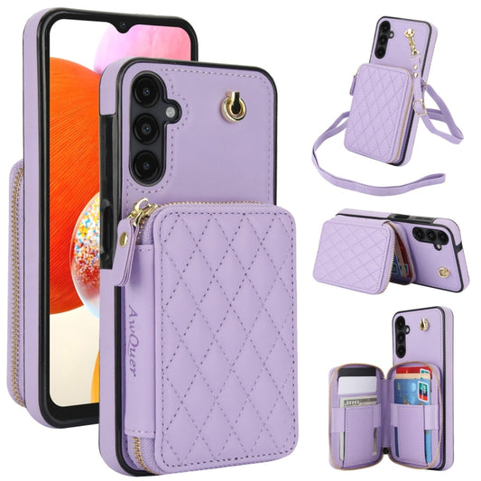 For Samsung Galaxy A14 4G / 5G AwQuer Crossbody Zipper Wallet Rhombic Leather Back Phone Case(Purple) - Galaxy Phone Cases by Awquer | Online Shopping UK | buy2fix