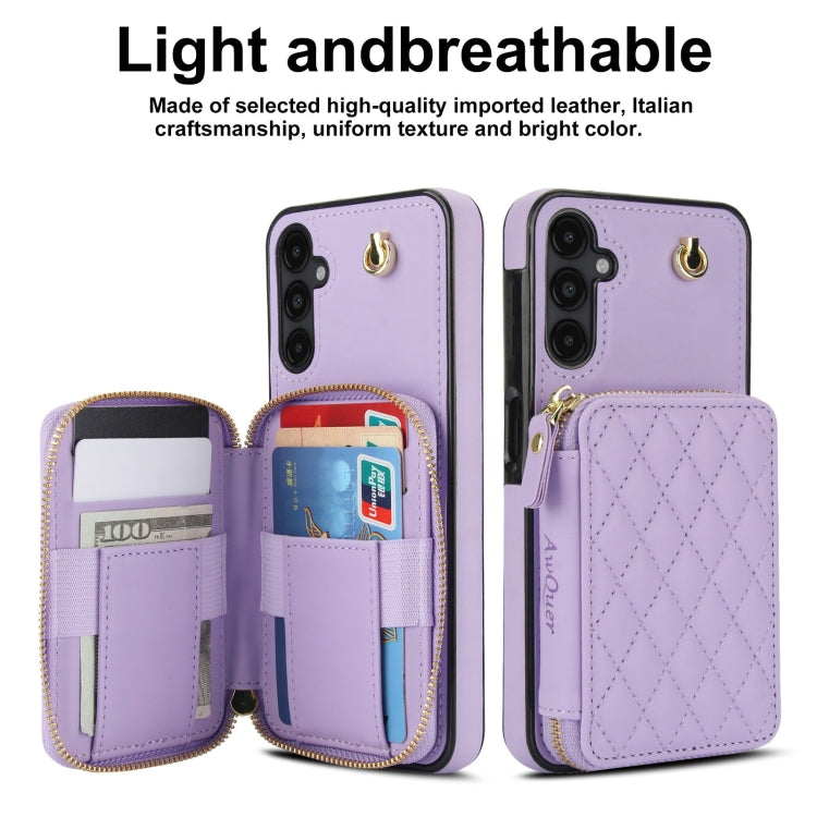 For Samsung Galaxy A14 4G / 5G AwQuer Crossbody Zipper Wallet Rhombic Leather Back Phone Case(Purple) - Galaxy Phone Cases by Awquer | Online Shopping UK | buy2fix