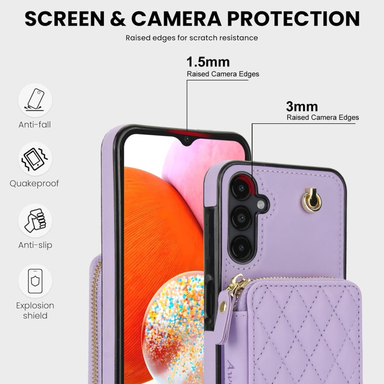 For Samsung Galaxy A14 4G / 5G AwQuer Crossbody Zipper Wallet Rhombic Leather Back Phone Case(Purple) - Galaxy Phone Cases by Awquer | Online Shopping UK | buy2fix