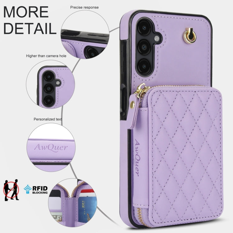 For Samsung Galaxy A14 4G / 5G AwQuer Crossbody Zipper Wallet Rhombic Leather Back Phone Case(Purple) - Galaxy Phone Cases by Awquer | Online Shopping UK | buy2fix