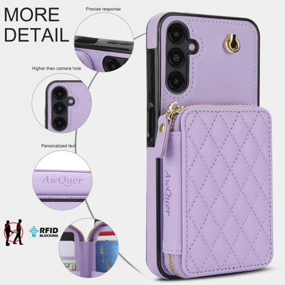 For Samsung Galaxy A14 4G / 5G AwQuer Crossbody Zipper Wallet Rhombic Leather Back Phone Case(Purple) - Galaxy Phone Cases by Awquer | Online Shopping UK | buy2fix