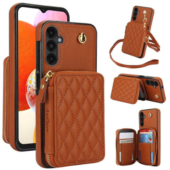 For Samsung Galaxy A14 4G / 5G AwQuer Crossbody Zipper Wallet Rhombic Leather Back Phone Case(Brown)