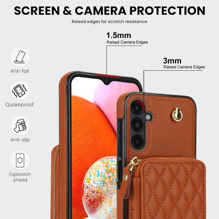 For Samsung Galaxy A14 4G / 5G AwQuer Crossbody Zipper Wallet Rhombic Leather Back Phone Case(Brown) - Galaxy Phone Cases by Awquer | Online Shopping UK | buy2fix