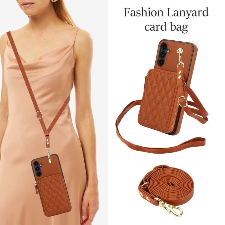 For Samsung Galaxy A14 4G / 5G AwQuer Crossbody Zipper Wallet Rhombic Leather Back Phone Case(Brown) - Galaxy Phone Cases by Awquer | Online Shopping UK | buy2fix