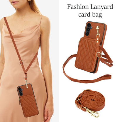 For Samsung Galaxy A14 4G / 5G AwQuer Crossbody Zipper Wallet Rhombic Leather Back Phone Case(Brown) - Galaxy Phone Cases by Awquer | Online Shopping UK | buy2fix