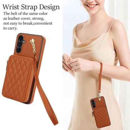 For Samsung Galaxy A14 4G / 5G AwQuer Crossbody Zipper Wallet Rhombic Leather Back Phone Case(Brown) - Galaxy Phone Cases by Awquer | Online Shopping UK | buy2fix