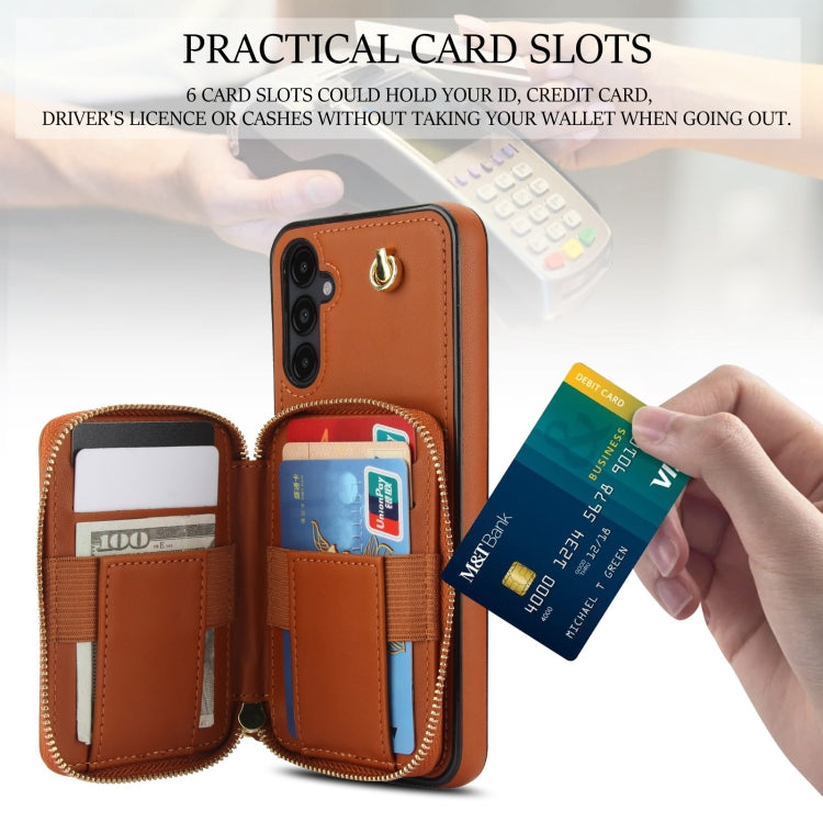 For Samsung Galaxy A14 4G / 5G AwQuer Crossbody Zipper Wallet Rhombic Leather Back Phone Case(Brown) - Galaxy Phone Cases by Awquer | Online Shopping UK | buy2fix