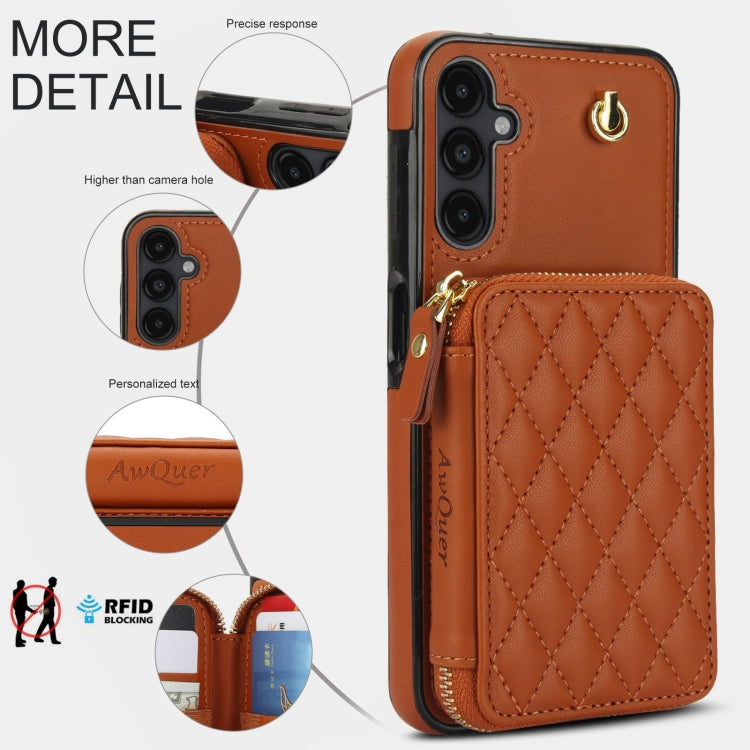 For Samsung Galaxy A14 4G / 5G AwQuer Crossbody Zipper Wallet Rhombic Leather Back Phone Case(Brown) - Galaxy Phone Cases by Awquer | Online Shopping UK | buy2fix