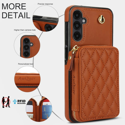For Samsung Galaxy A14 4G / 5G AwQuer Crossbody Zipper Wallet Rhombic Leather Back Phone Case(Brown) - Galaxy Phone Cases by Awquer | Online Shopping UK | buy2fix
