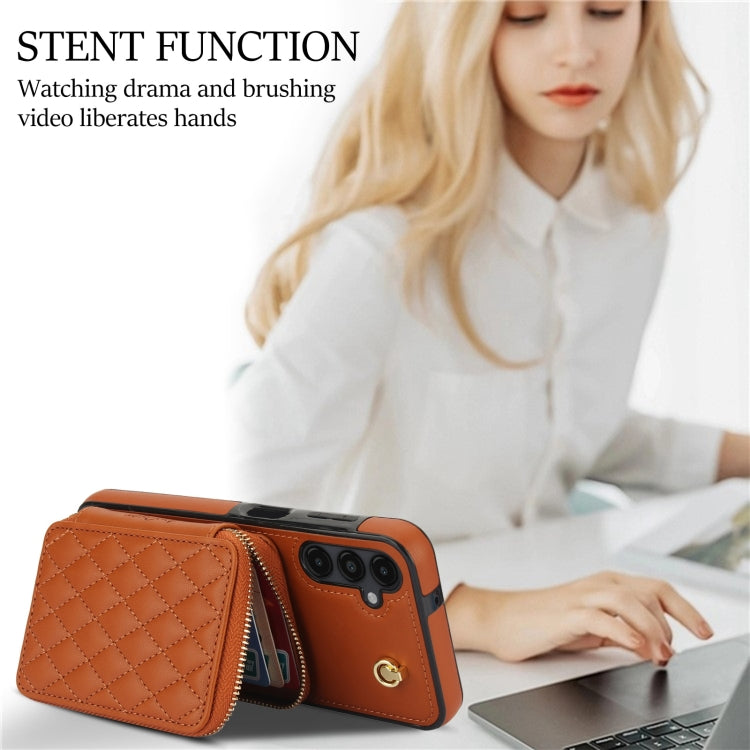 For Samsung Galaxy A14 4G / 5G AwQuer Crossbody Zipper Wallet Rhombic Leather Back Phone Case(Brown) - Galaxy Phone Cases by Awquer | Online Shopping UK | buy2fix