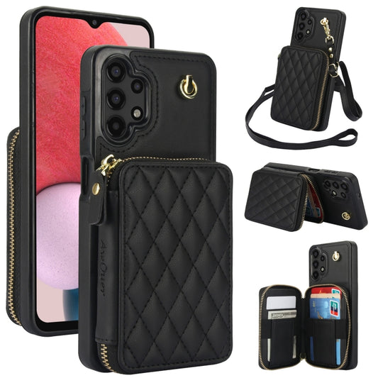 For Samsung Galaxy A13 4G / 5G AwQuer Crossbody Zipper Wallet Rhombic Leather Back Phone Case(Black) - Galaxy Phone Cases by Awquer | Online Shopping UK | buy2fix
