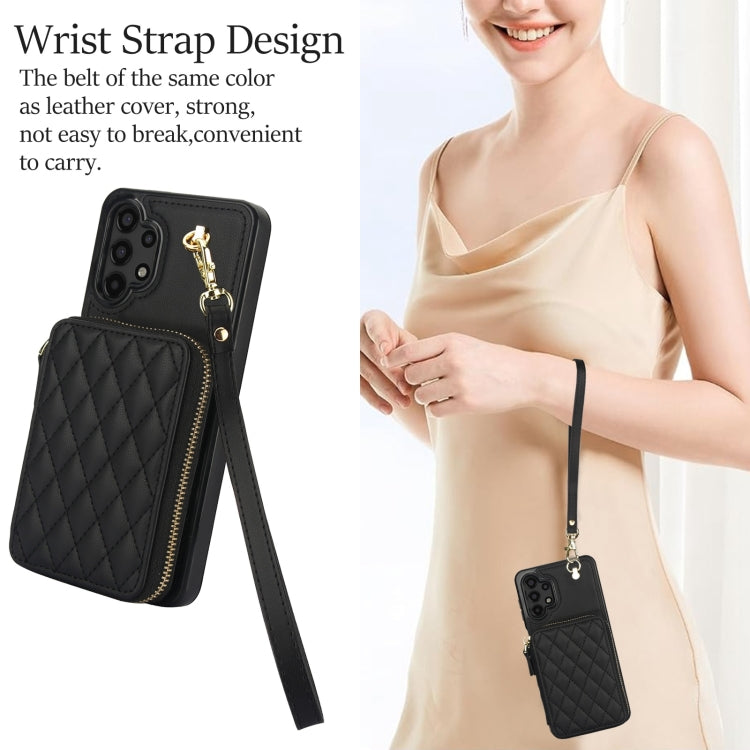 For Samsung Galaxy A13 4G / 5G AwQuer Crossbody Zipper Wallet Rhombic Leather Back Phone Case(Black) - Galaxy Phone Cases by Awquer | Online Shopping UK | buy2fix