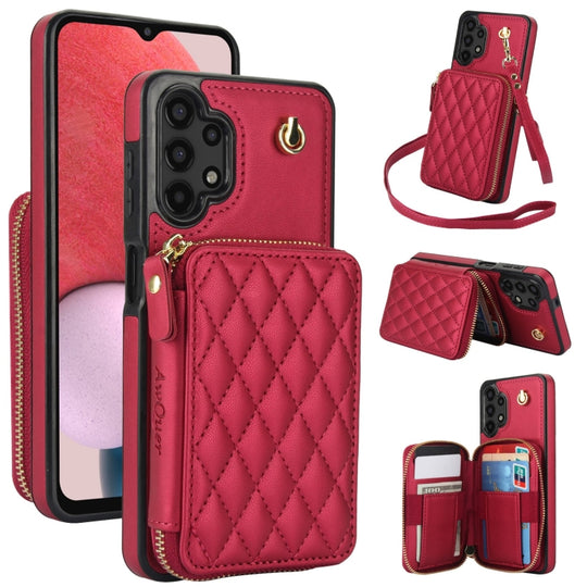 For Samsung Galaxy A13 4G / 5G AwQuer Crossbody Zipper Wallet Rhombic Leather Back Phone Case(Red)