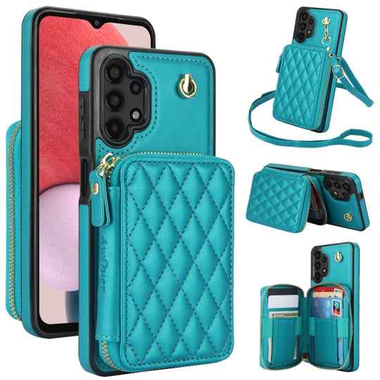For Samsung Galaxy A13 4G / 5G AwQuer Crossbody Zipper Wallet Rhombic Leather Back Phone Case(Green)