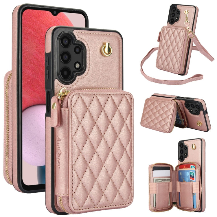 For Samsung Galaxy A13 4G / 5G AwQuer Crossbody Zipper Wallet Rhombic Leather Back Phone Case(Rose Gold) - Galaxy Phone Cases by Awquer | Online Shopping UK | buy2fix